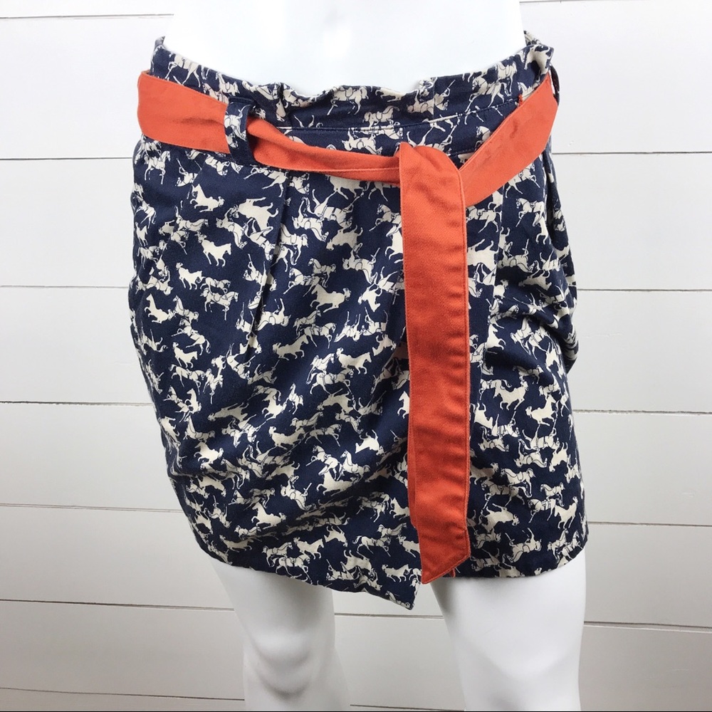 H&M 6 Horse Print Wrap Skirt Navy Orange Pleated